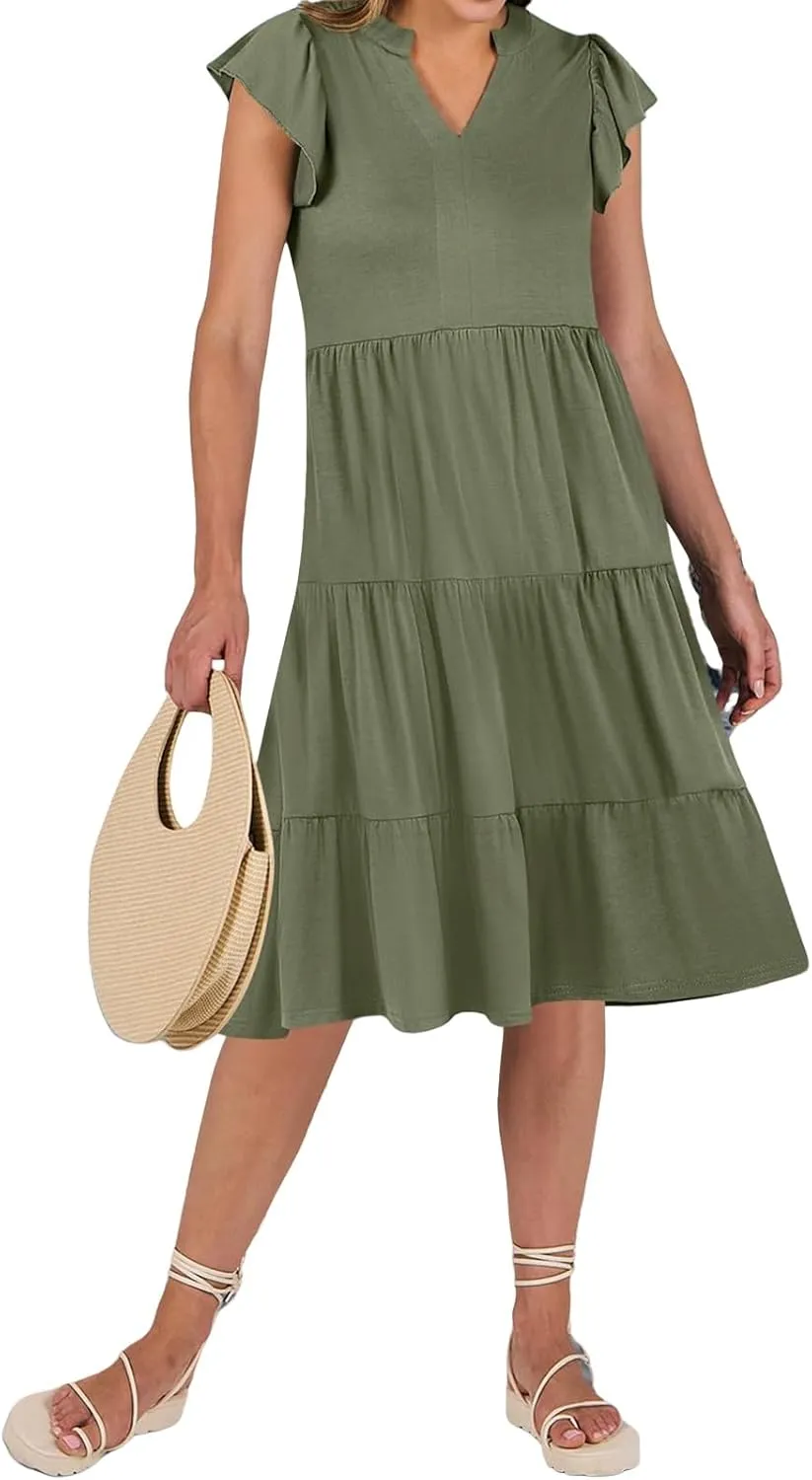 Womens Summer Dress Ruffle Sleeve V Neck Midi Dresses Trendy Casual Fit Flowy Tiered Boho Vacation Beach Sundress