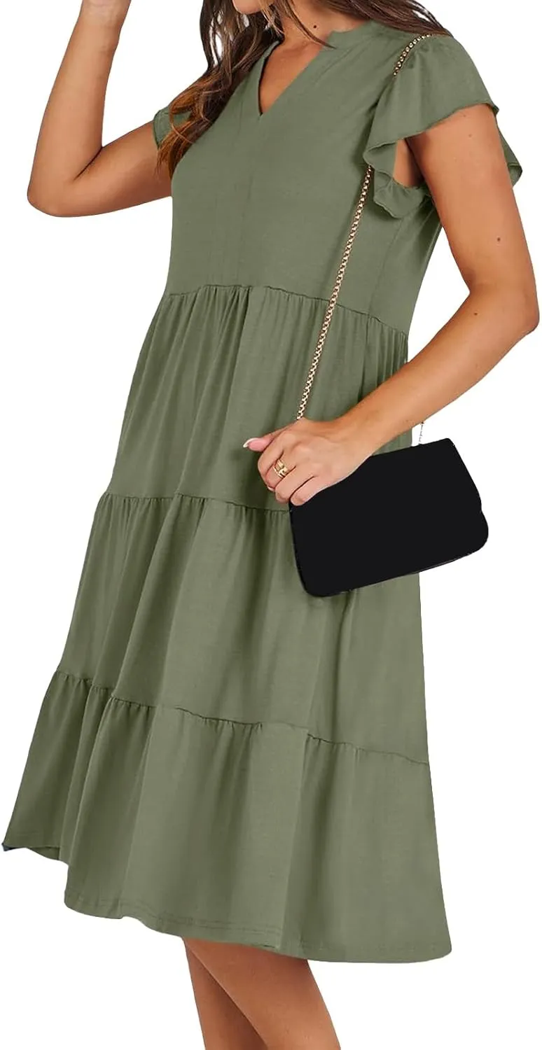 Womens Summer Dress Ruffle Sleeve V Neck Midi Dresses Trendy Casual Fit Flowy Tiered Boho Vacation Beach Sundress