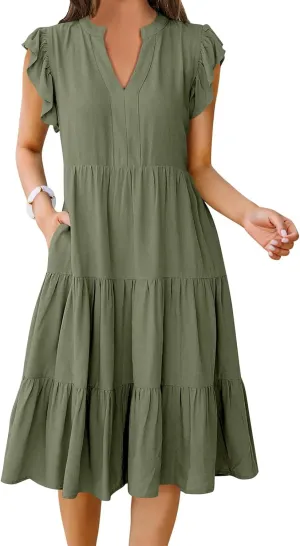 Womens Summer Dress Ruffle Sleeve V Neck Midi Dresses Trendy Casual Fit Flowy Tiered Boho Vacation Beach Sundress