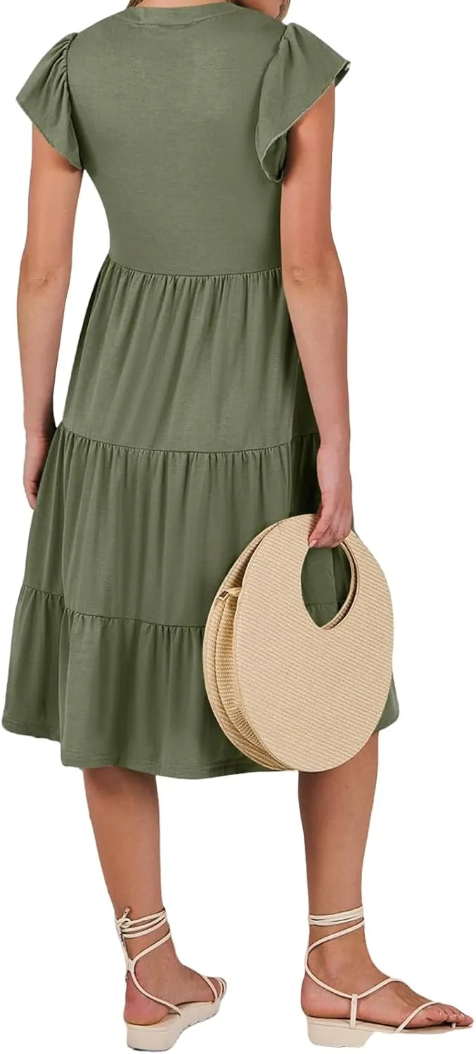 Womens Summer Dress Ruffle Sleeve V Neck Midi Dresses Trendy Casual Fit Flowy Tiered Boho Vacation Beach Sundress