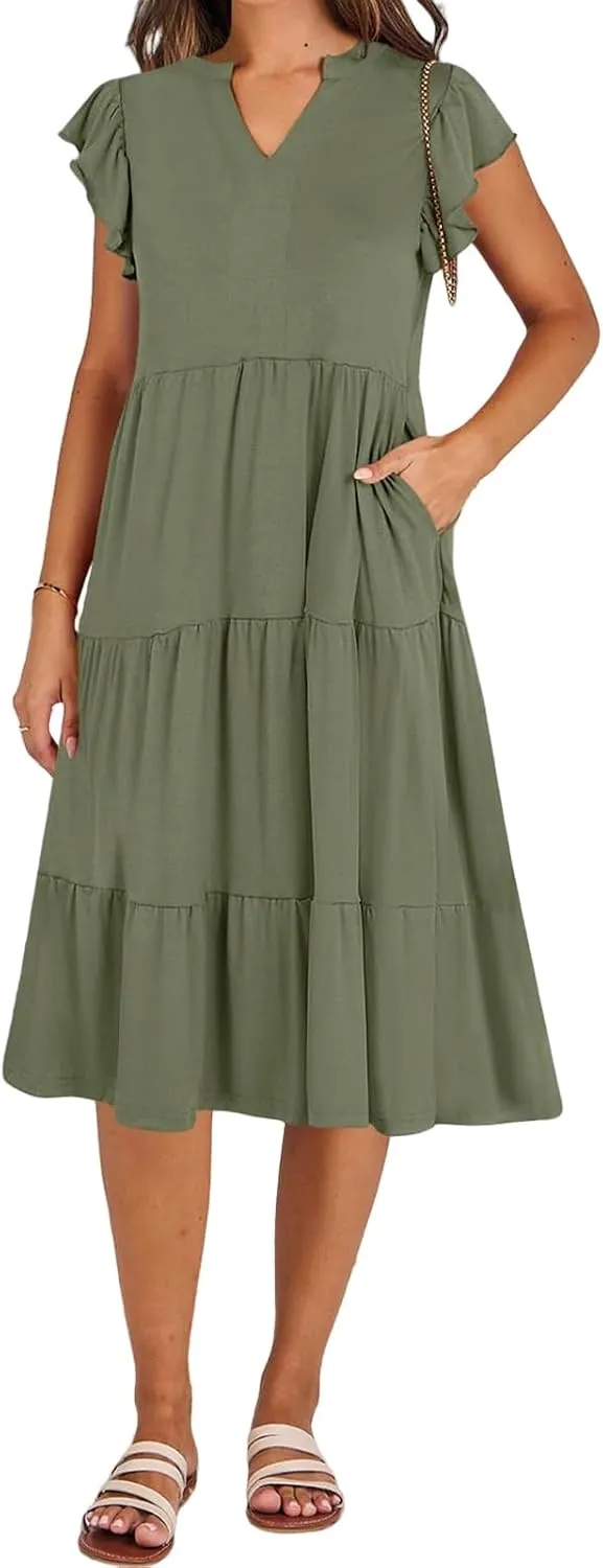 Womens Summer Dress Ruffle Sleeve V Neck Midi Dresses Trendy Casual Fit Flowy Tiered Boho Vacation Beach Sundress
