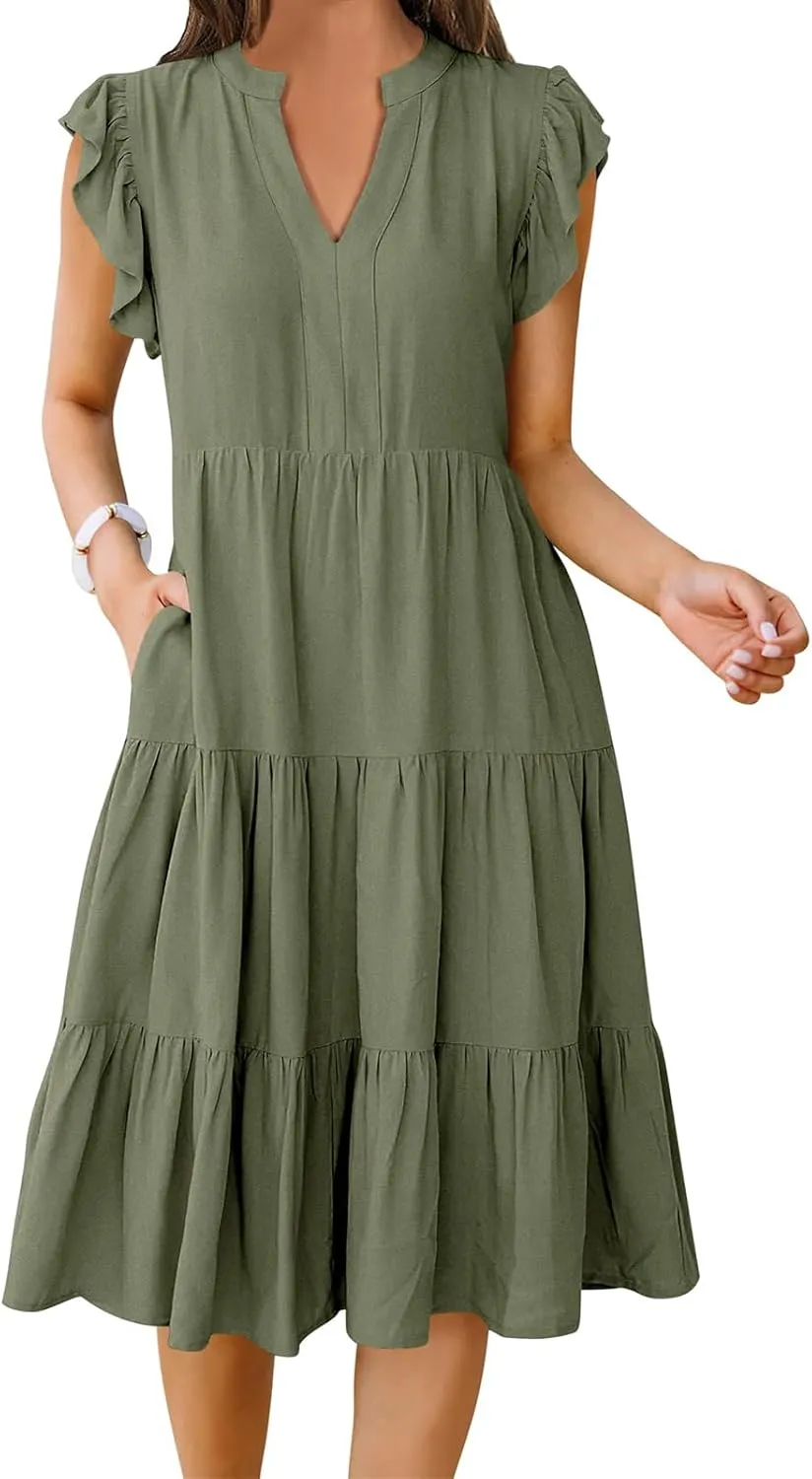 Womens Summer Dress Ruffle Sleeve V Neck Midi Dresses Trendy Casual Fit Flowy Tiered Boho Vacation Beach Sundress