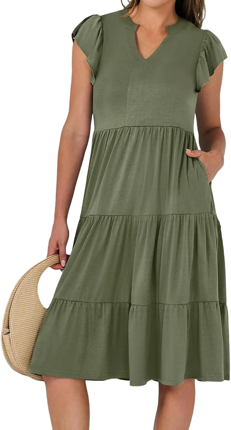 Womens Summer Dress Ruffle Sleeve V Neck Midi Dresses Trendy Casual Fit Flowy Tiered Boho Vacation Beach Sundress