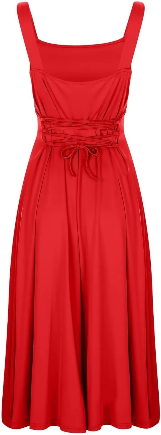 Womens Summer Dress Solid Color Lace Up Waist Back CRIS Cross Skirt Casual Shoulder Strap Slim Fit Long Dress Outfits