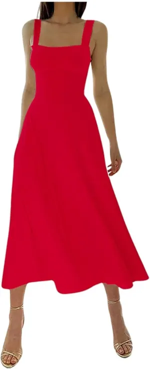 Womens Summer Dress Solid Color Lace Up Waist Back CRIS Cross Skirt Casual Shoulder Strap Slim Fit Long Dress Outfits