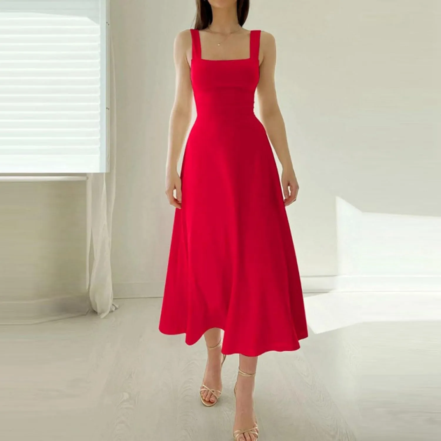 Womens Summer Dress Solid Color Lace Up Waist Back CRIS Cross Skirt Casual Shoulder Strap Slim Fit Long Dress Outfits