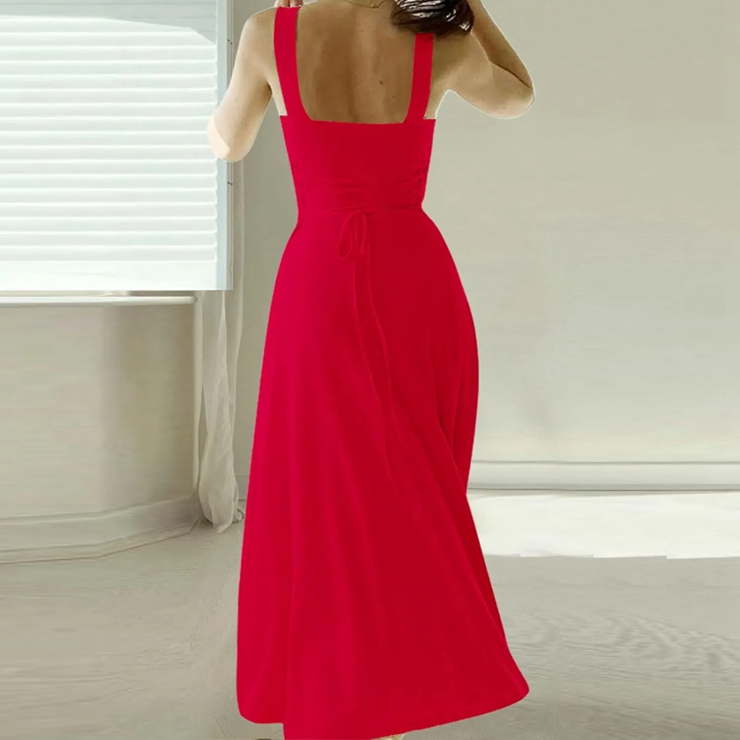 Womens Summer Dress Solid Color Lace Up Waist Back CRIS Cross Skirt Casual Shoulder Strap Slim Fit Long Dress Outfits