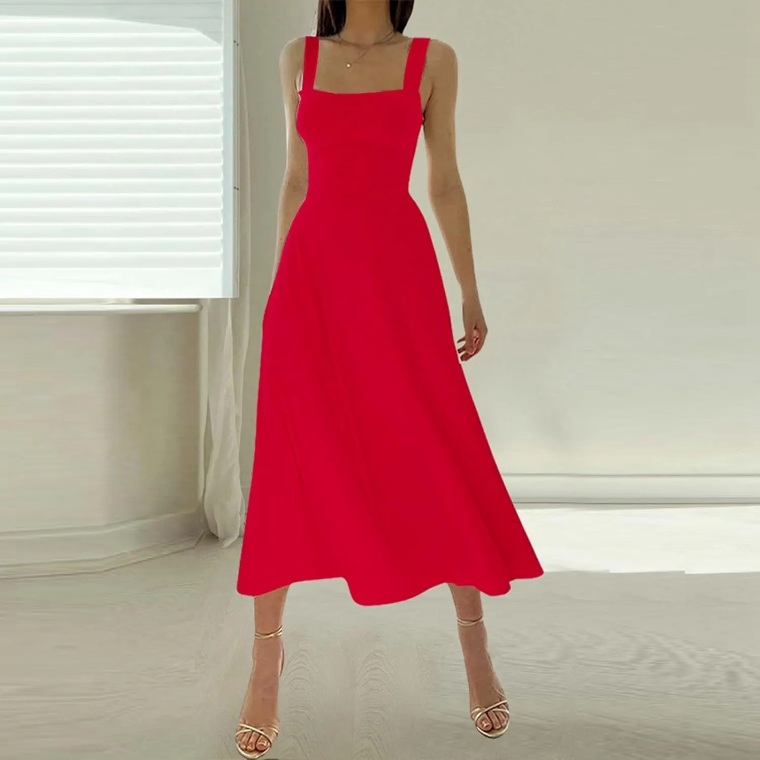 Womens Summer Dress Solid Color Lace Up Waist Back CRIS Cross Skirt Casual Shoulder Strap Slim Fit Long Dress Outfits