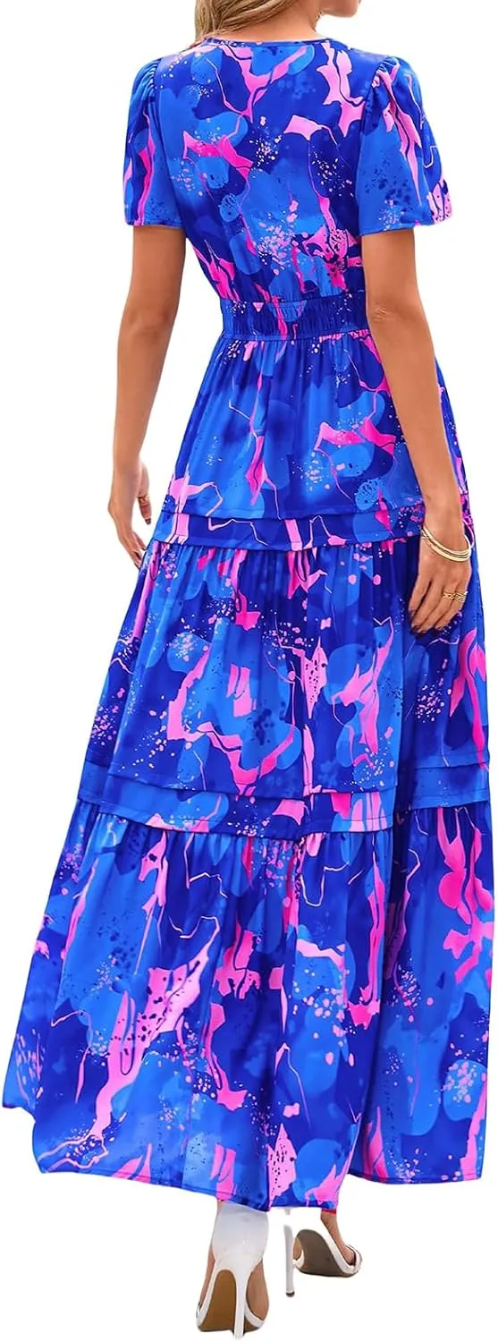Women's Summer Dresses Floral Short Sleeve V Neck Maxi Dress Tiered Flowy Long Sundresses Boho Beach Vacation Dress