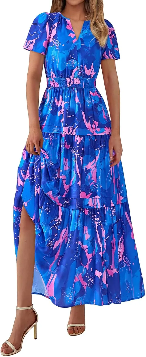Women's Summer Dresses Floral Short Sleeve V Neck Maxi Dress Tiered Flowy Long Sundresses Boho Beach Vacation Dress