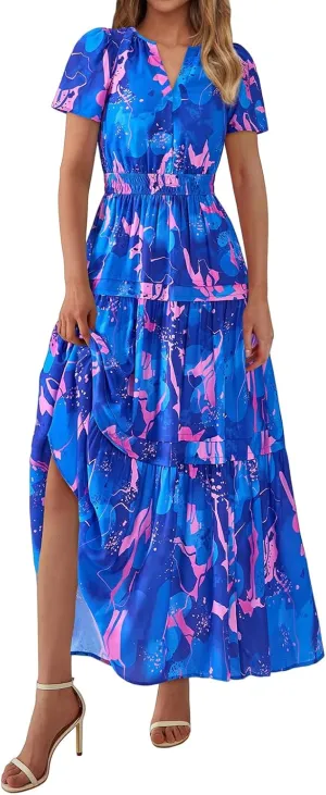 Women's Summer Dresses Floral Short Sleeve V Neck Maxi Dress Tiered Flowy Long Sundresses Boho Beach Vacation Dress