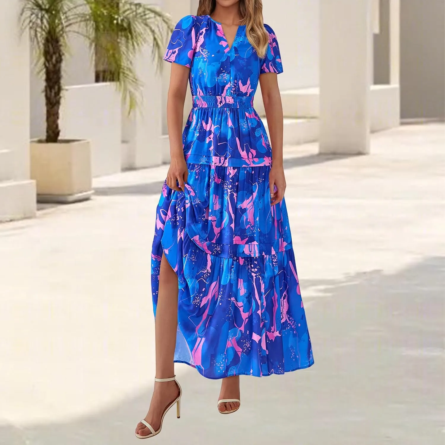 Women's Summer Dresses Floral Short Sleeve V Neck Maxi Dress Tiered Flowy Long Sundresses Boho Beach Vacation Dress
