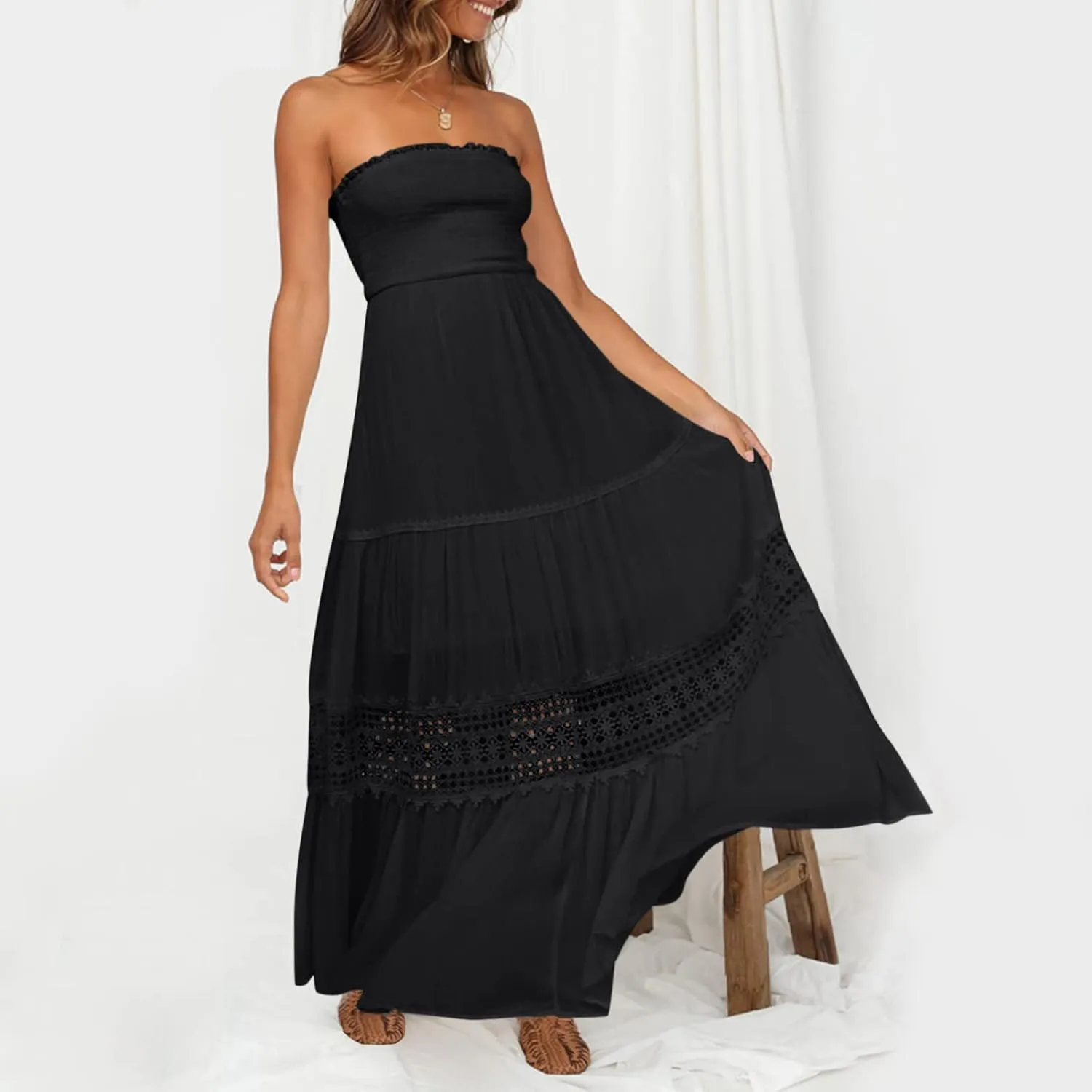 Womens Summer Dresses Loose Strapless Off Shoulder Lace Trim Backless Flowy A Line Beach Long Maxi Dress Backless Skirt