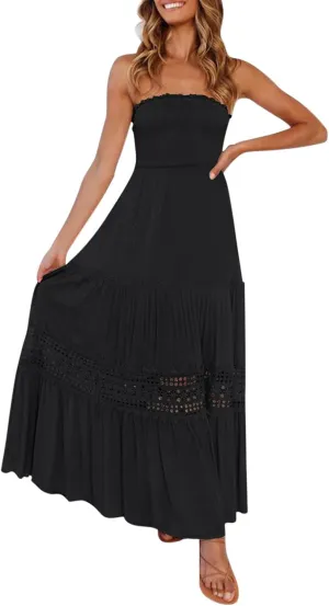 Womens Summer Dresses Loose Strapless Off Shoulder Lace Trim Backless Flowy A Line Beach Long Maxi Dress Backless Skirt