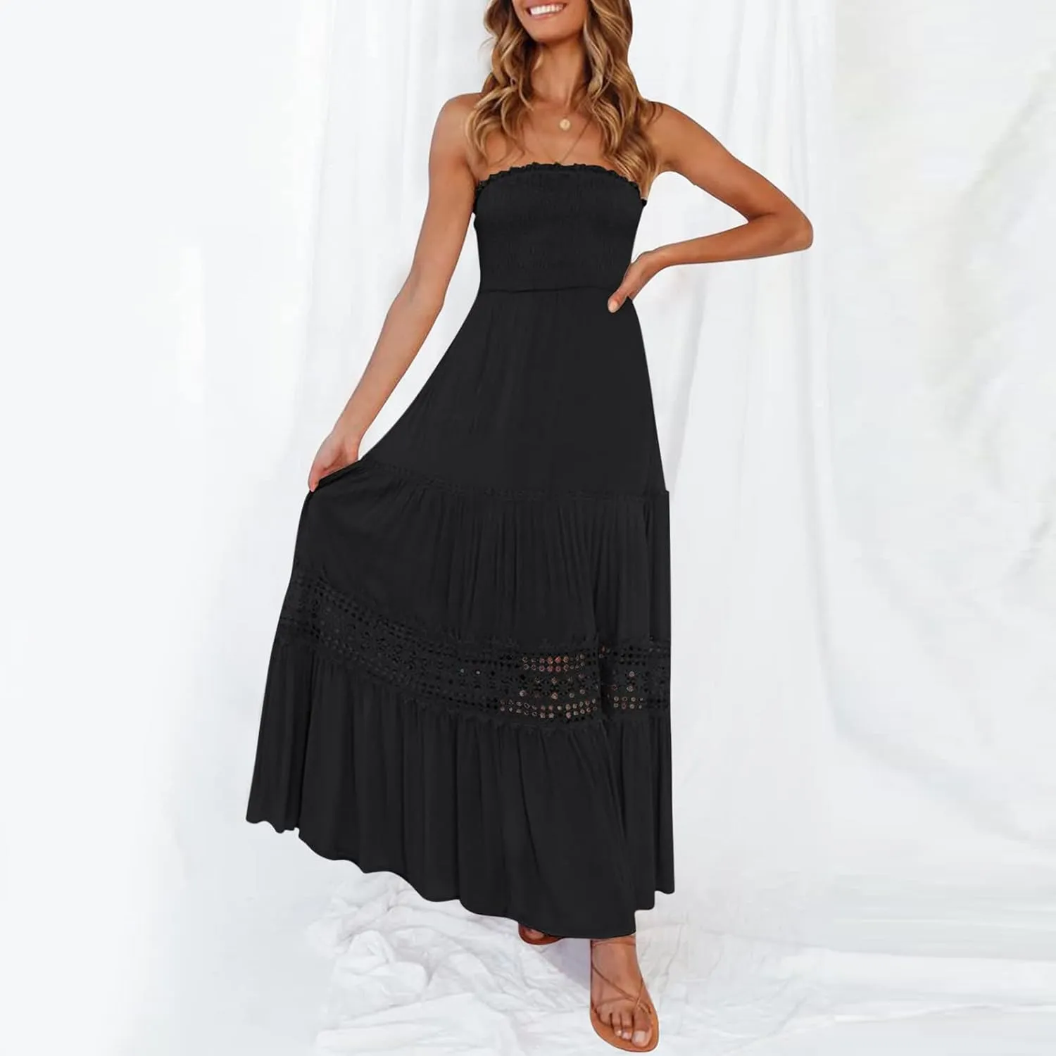 Womens Summer Dresses Loose Strapless Off Shoulder Lace Trim Backless Flowy A Line Beach Long Maxi Dress Backless Skirt