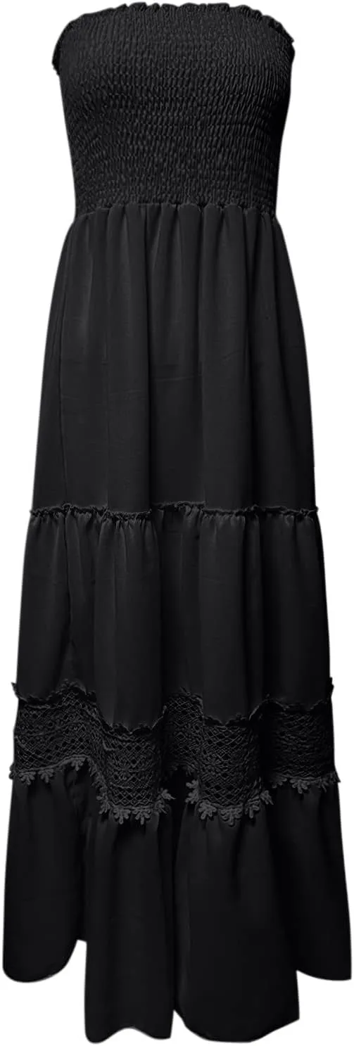 Womens Summer Dresses Loose Strapless Off Shoulder Lace Trim Backless Flowy A Line Beach Long Maxi Dress Backless Skirt