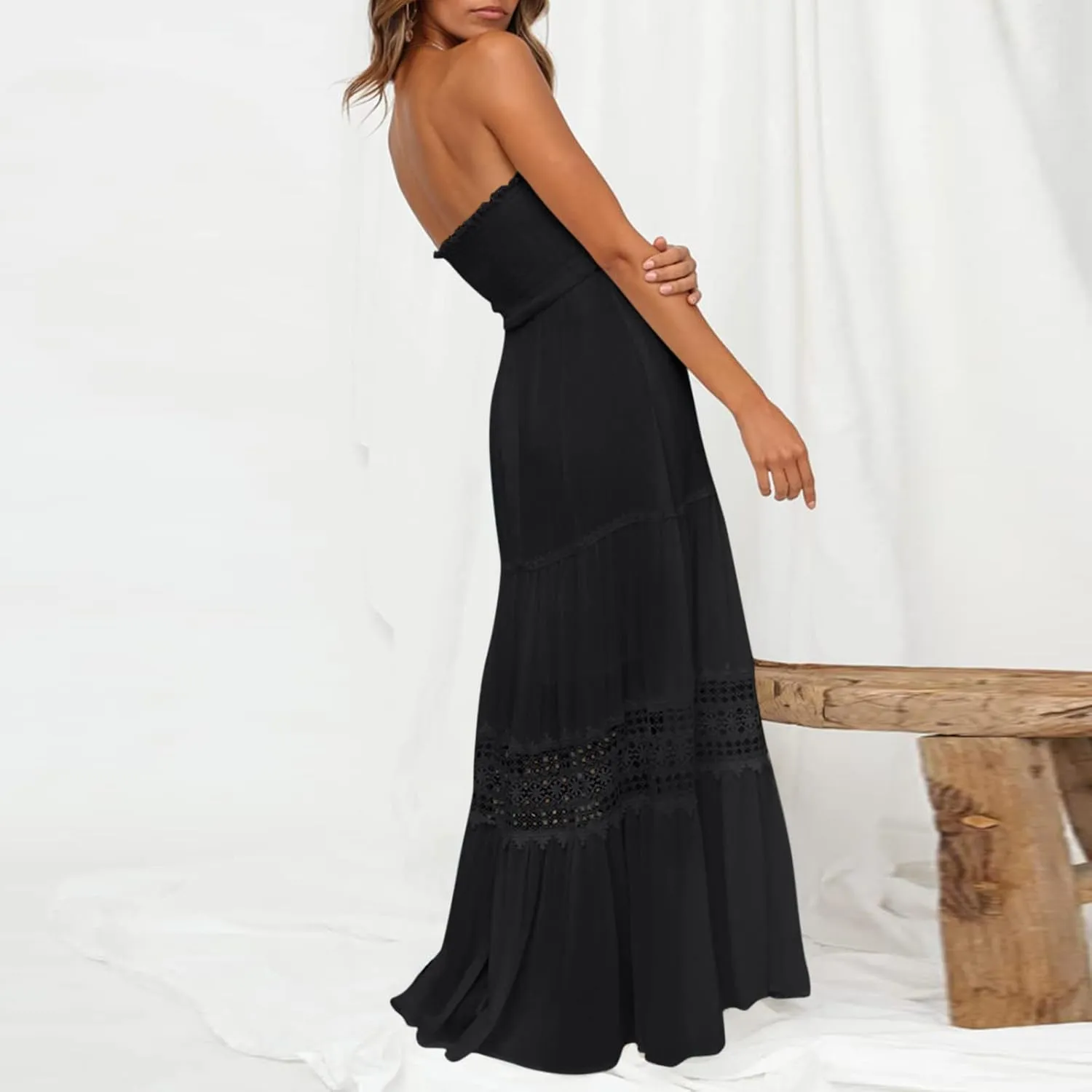 Womens Summer Dresses Loose Strapless Off Shoulder Lace Trim Backless Flowy A Line Beach Long Maxi Dress Backless Skirt