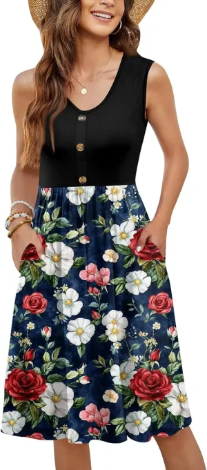 Womens Summer Dresses Patchwork Sleeveless Empire Waist Ruffled Swing Button Down Midi Sundress Wedding Guest Dress