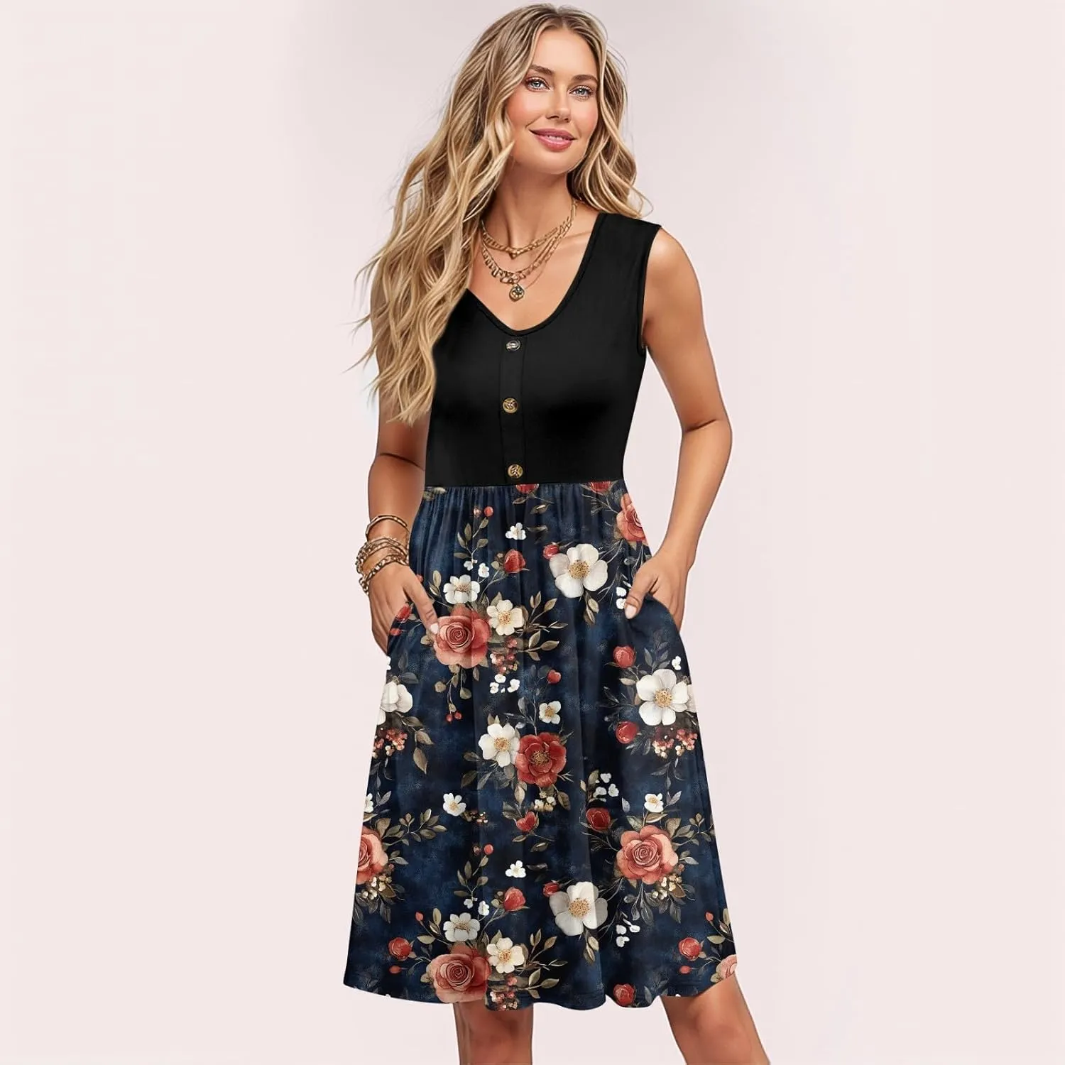 Womens Summer Dresses Patchwork Sleeveless Empire Waist Ruffled Swing Button Down Midi Sundress Wedding Guest Dress