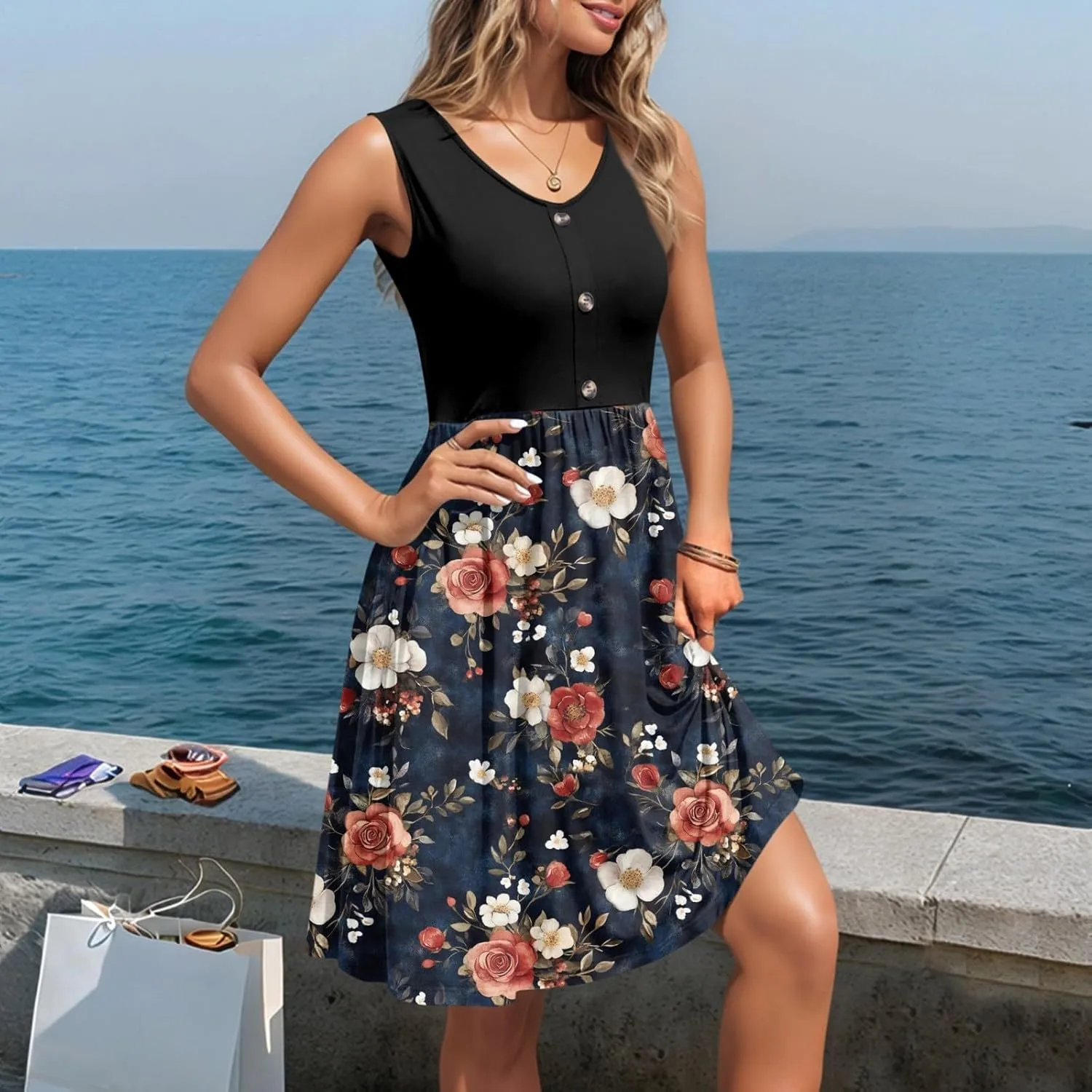Womens Summer Dresses Patchwork Sleeveless Empire Waist Ruffled Swing Button Down Midi Sundress Wedding Guest Dress