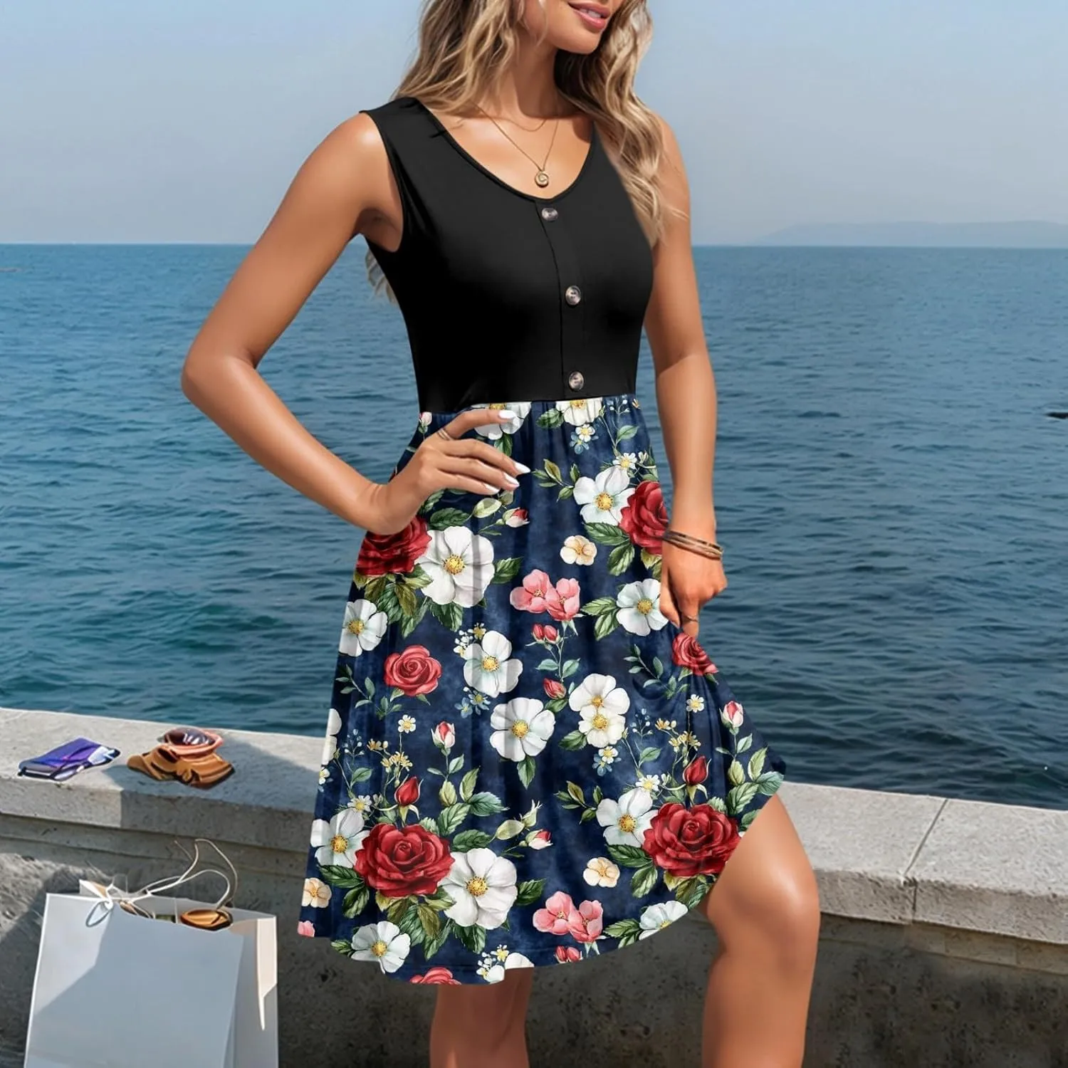 Womens Summer Dresses Patchwork Sleeveless Empire Waist Ruffled Swing Button Down Midi Sundress Wedding Guest Dress