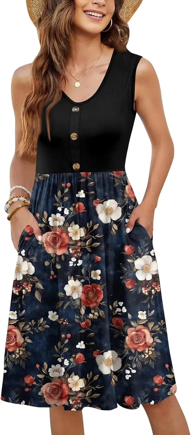 Womens Summer Dresses Patchwork Sleeveless Empire Waist Ruffled Swing Button Down Midi Sundress Wedding Guest Dress