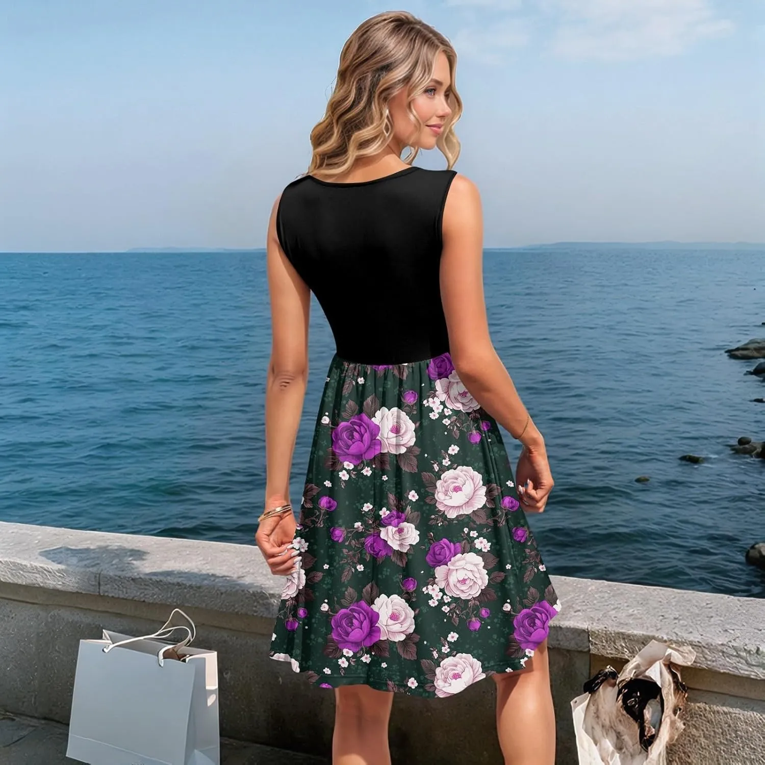 Womens Summer Dresses Patchwork Sleeveless Empire Waist Ruffled Swing Button Down Midi Sundress Wedding Guest Dress
