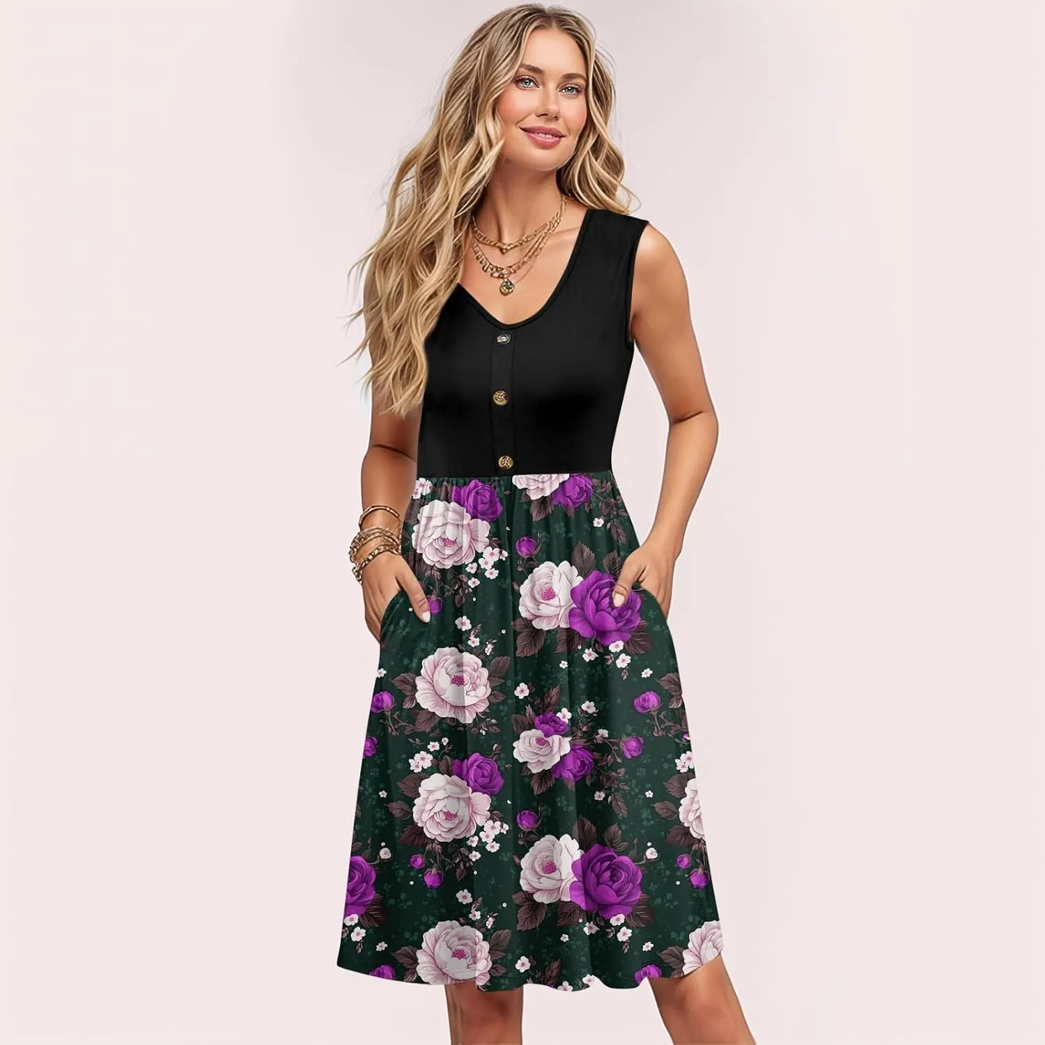 Womens Summer Dresses Patchwork Sleeveless Empire Waist Ruffled Swing Button Down Midi Sundress Wedding Guest Dress