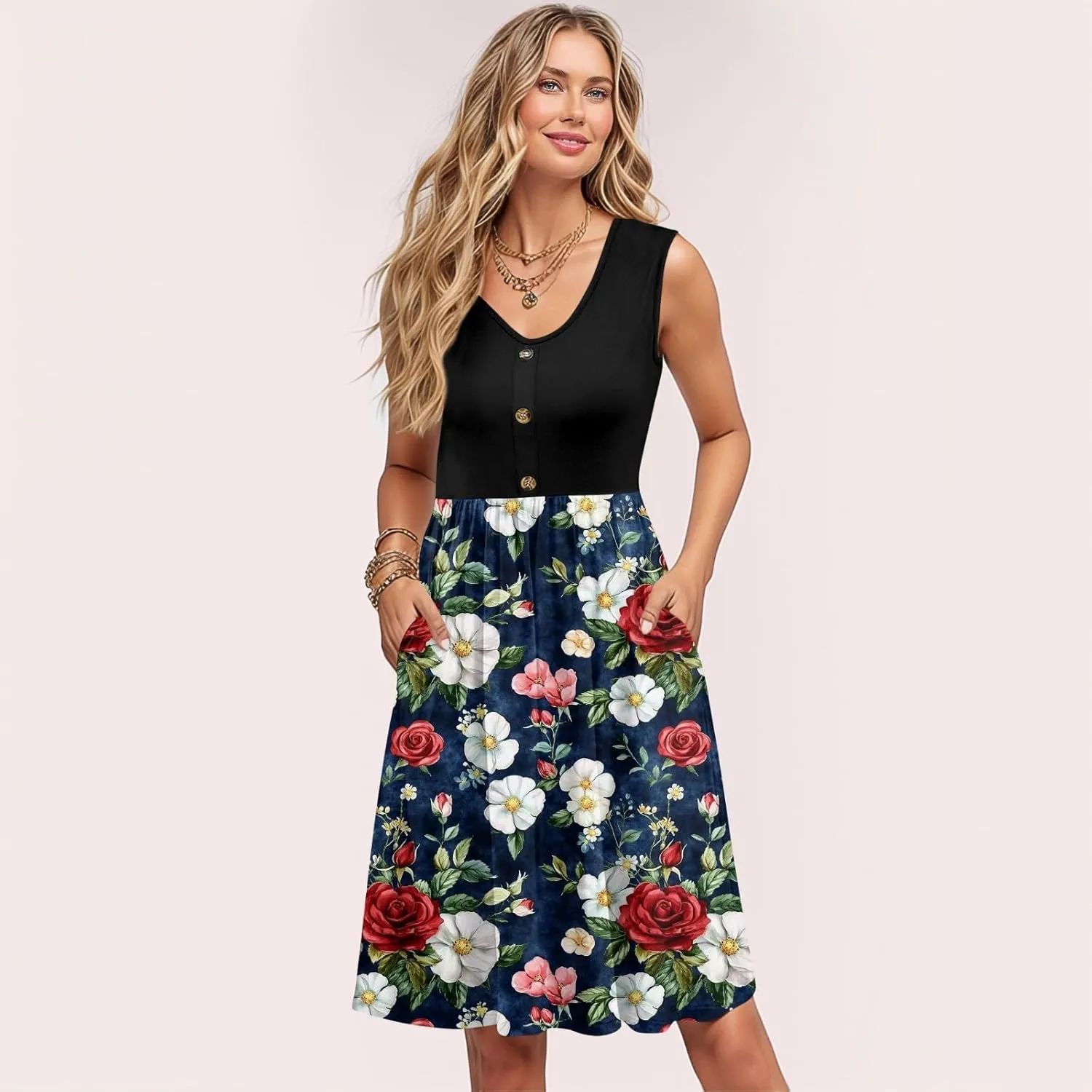 Womens Summer Dresses Patchwork Sleeveless Empire Waist Ruffled Swing Button Down Midi Sundress Wedding Guest Dress