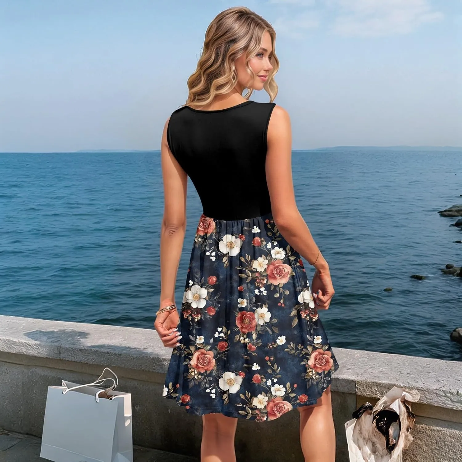 Womens Summer Dresses Patchwork Sleeveless Empire Waist Ruffled Swing Button Down Midi Sundress Wedding Guest Dress