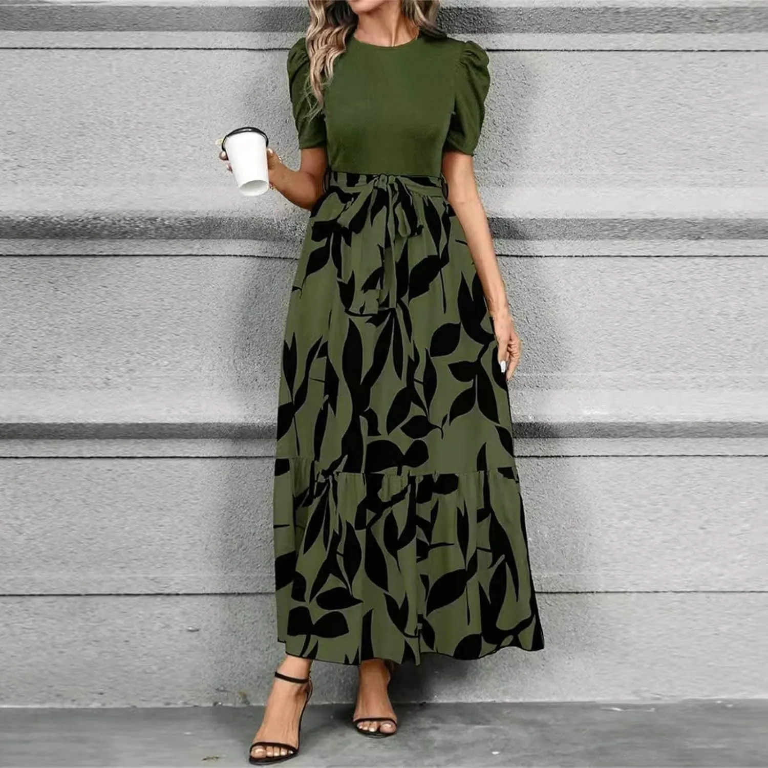 Womens Summer Floral Dress Casual Printed Short Sleeve Dress Crewneck Flowy Midi Dress Elegant Work Dresses with Belt