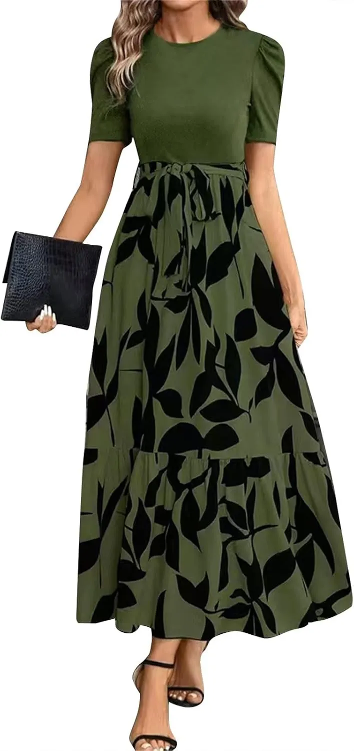 Womens Summer Floral Dress Casual Printed Short Sleeve Dress Crewneck Flowy Midi Dress Elegant Work Dresses with Belt