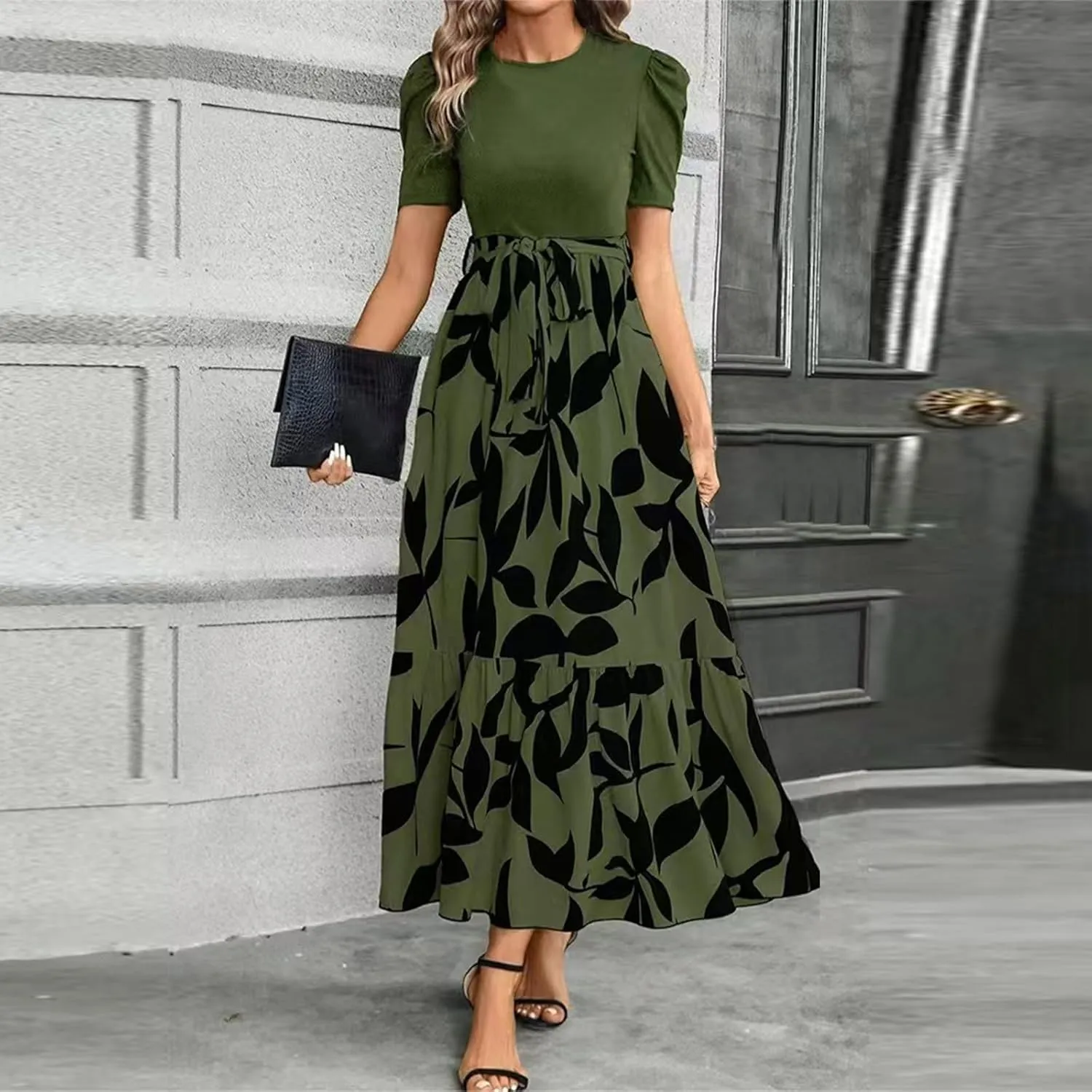 Womens Summer Floral Dress Casual Printed Short Sleeve Dress Crewneck Flowy Midi Dress Elegant Work Dresses with Belt