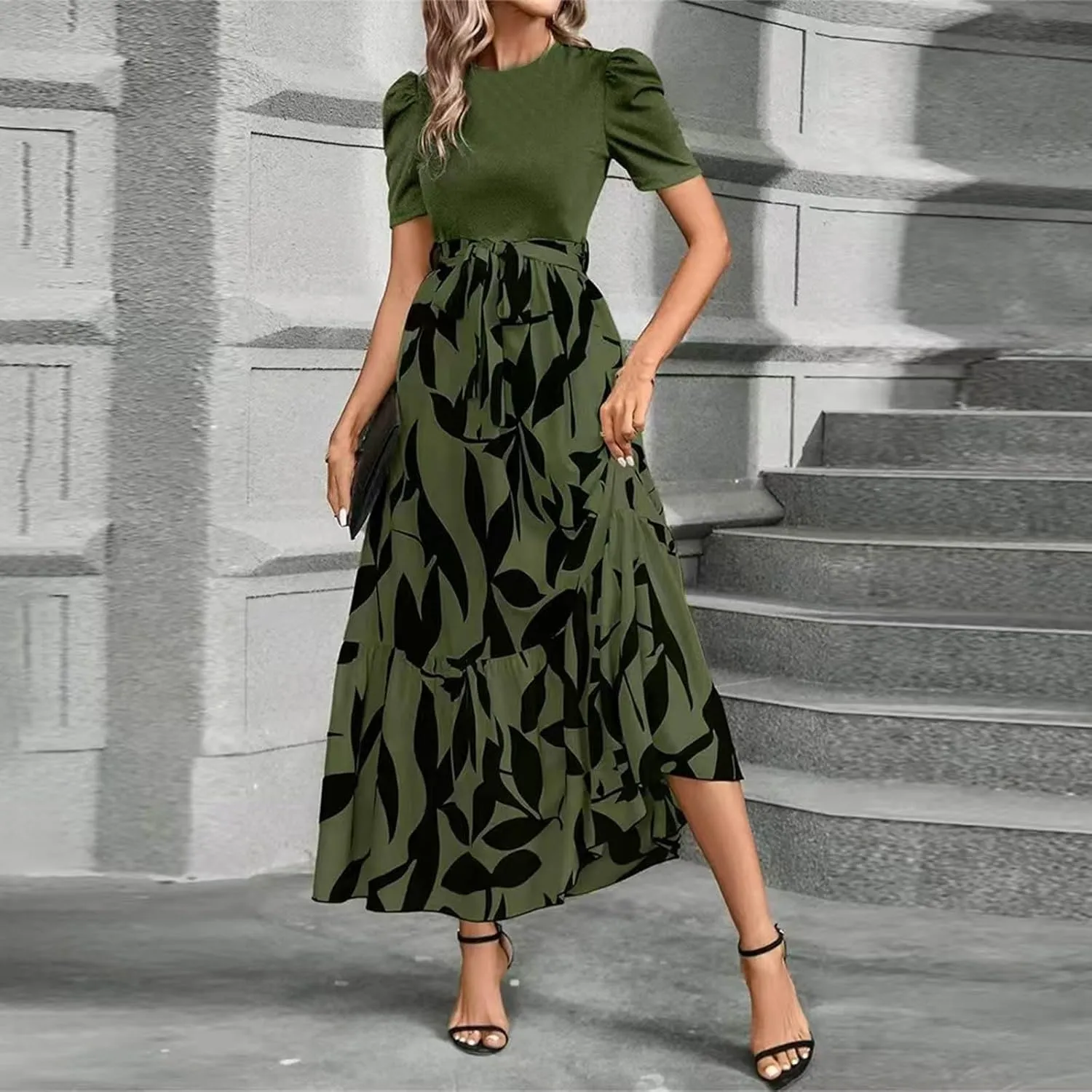 Womens Summer Floral Dress Casual Printed Short Sleeve Dress Crewneck Flowy Midi Dress Elegant Work Dresses with Belt