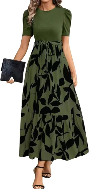 Womens Summer Floral Dress Casual Printed Short Sleeve Dress Crewneck Flowy Midi Dress Elegant Work Dresses with Belt