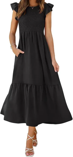 Womens Summer Maxi Dress Crew Neck Ruffle Sleeves Smocked Casual Dresses Flowy Tiered Beach Long Sundress with Pockets