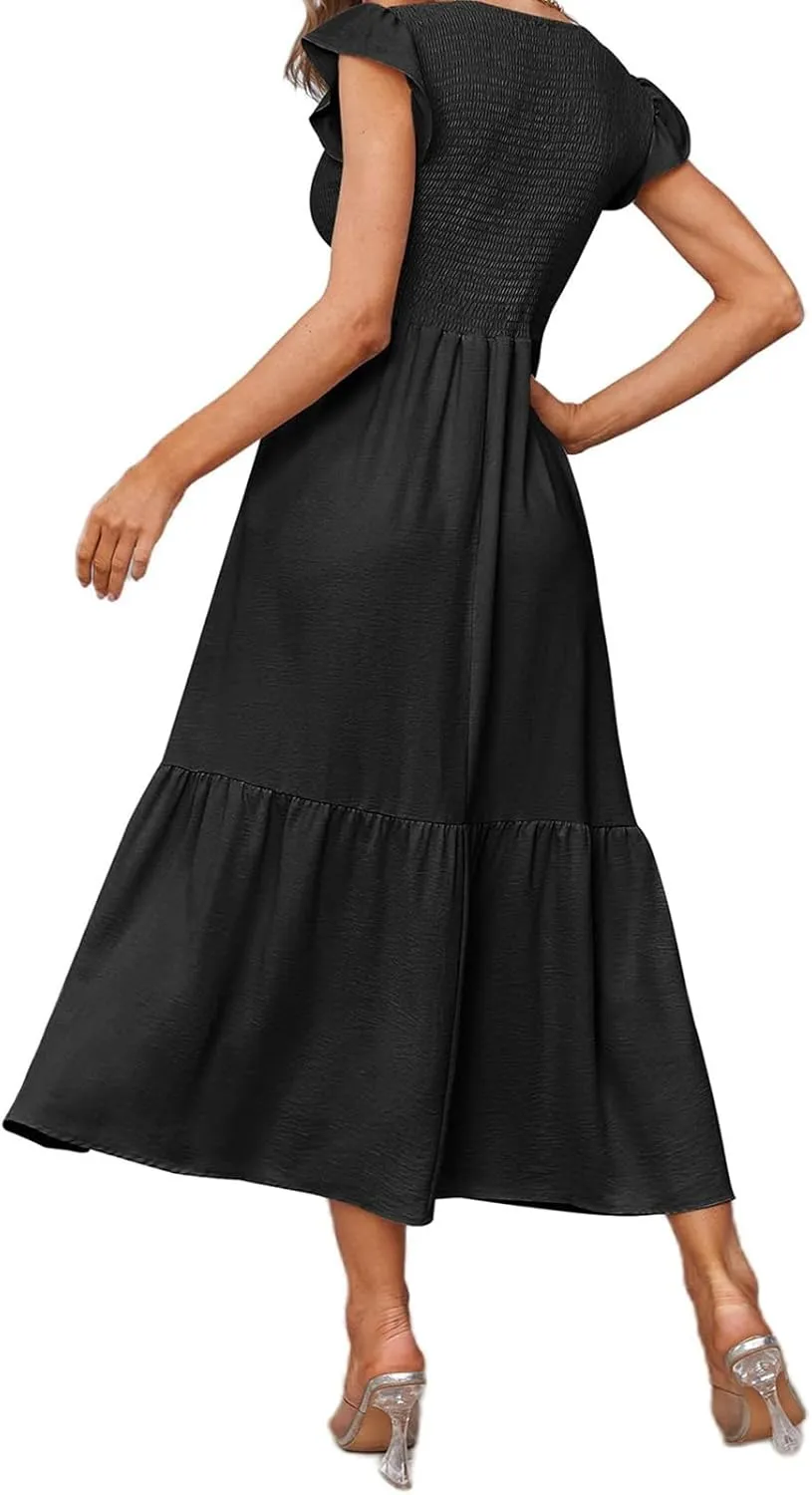 Womens Summer Maxi Dress Crew Neck Ruffle Sleeves Smocked Casual Dresses Flowy Tiered Beach Long Sundress with Pockets