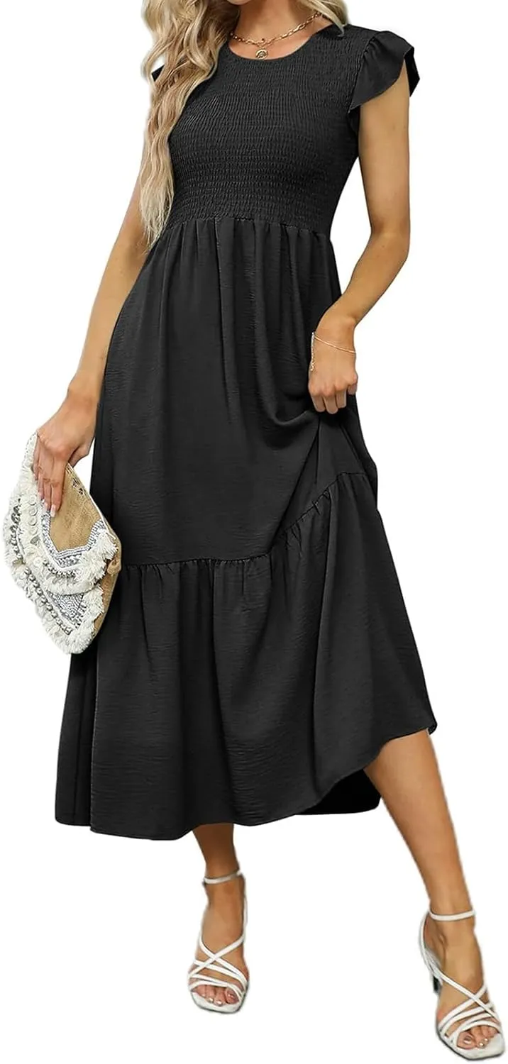 Womens Summer Maxi Dress Crew Neck Ruffle Sleeves Smocked Casual Dresses Flowy Tiered Beach Long Sundress with Pockets