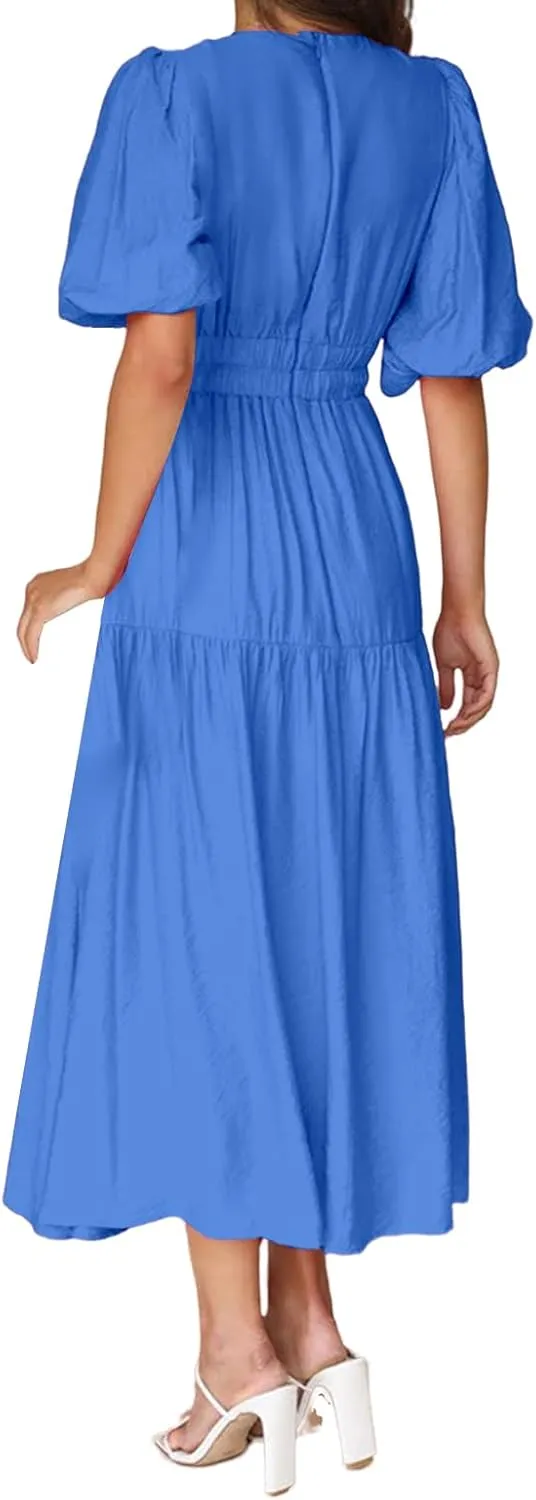 Womens Summer Maxi Dresses Deep V Neck Short Sleeve Long Dress Empire Waist A-Line Dress Ruffle Boho Flowy Beach Dresses
