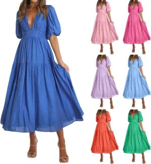 Womens Summer Maxi Dresses Deep V Neck Short Sleeve Long Dress Empire Waist A-Line Dress Ruffle Boho Flowy Beach Dresses
