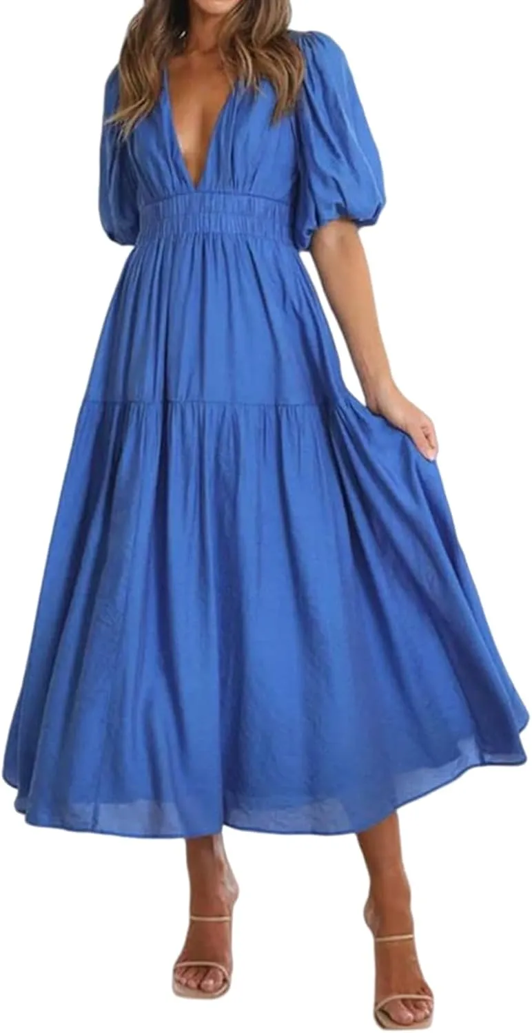 Womens Summer Maxi Dresses Deep V Neck Short Sleeve Long Dress Empire Waist A-Line Dress Ruffle Boho Flowy Beach Dresses