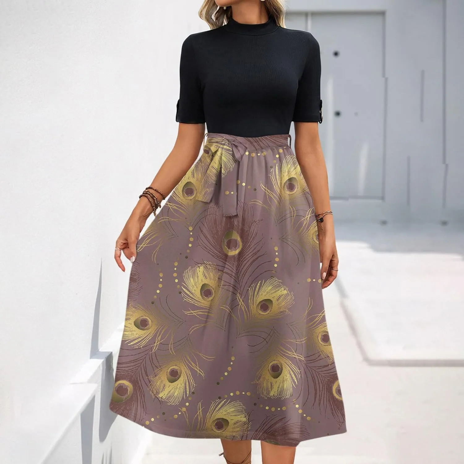 Womens Summer Midi Dresses with Pockets, High Neck Short Sleeve Patchwork Tie Empire Waist Boho Floral Sundress