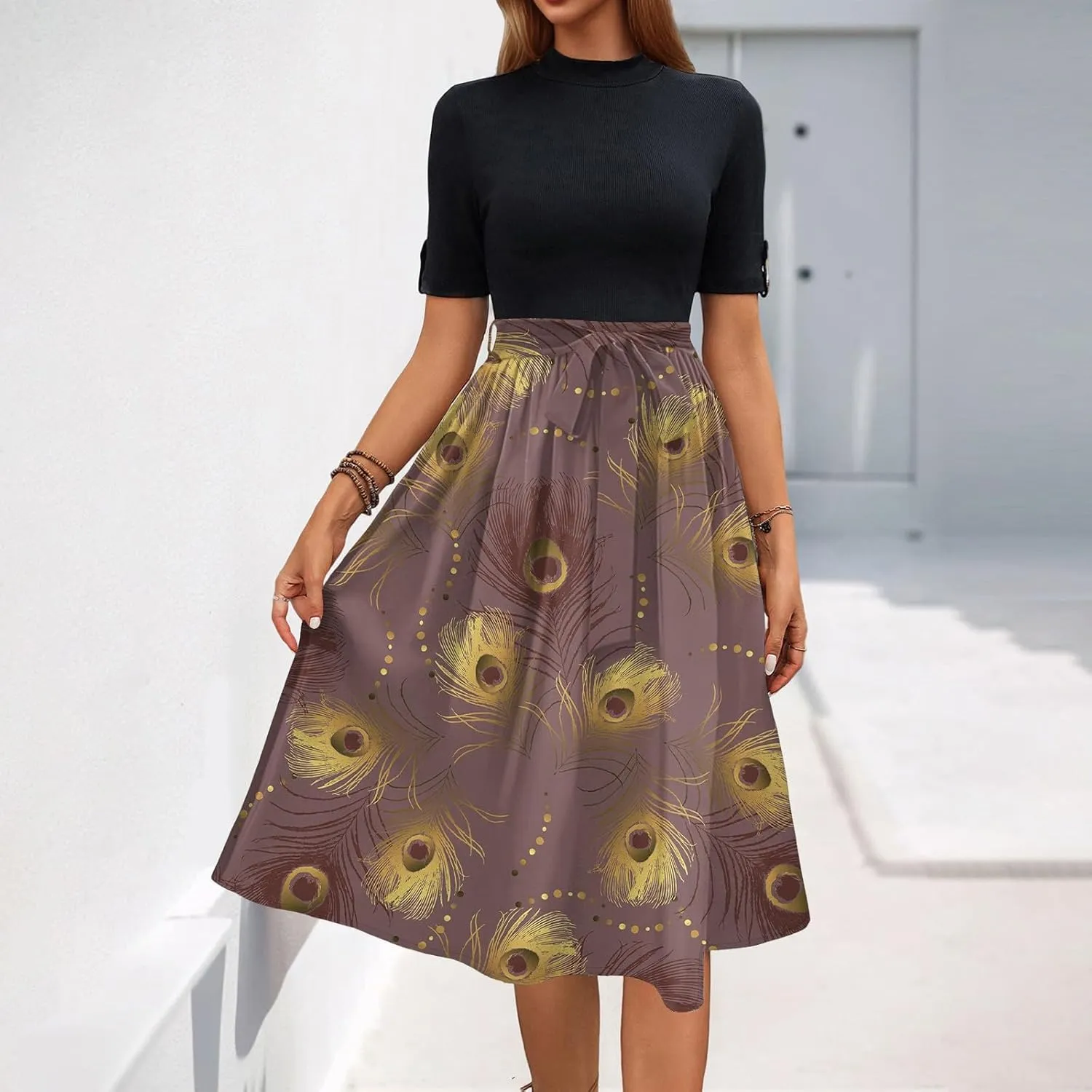 Womens Summer Midi Dresses with Pockets, High Neck Short Sleeve Patchwork Tie Empire Waist Boho Floral Sundress