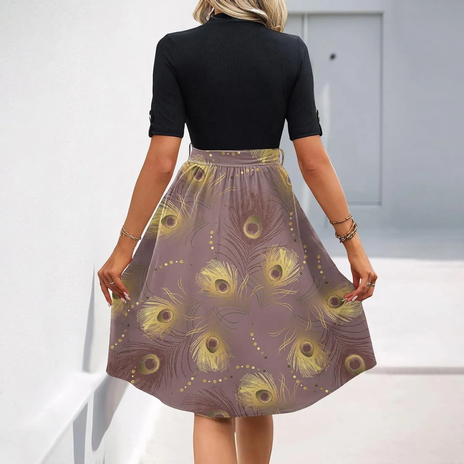 Womens Summer Midi Dresses with Pockets, High Neck Short Sleeve Patchwork Tie Empire Waist Boho Floral Sundress