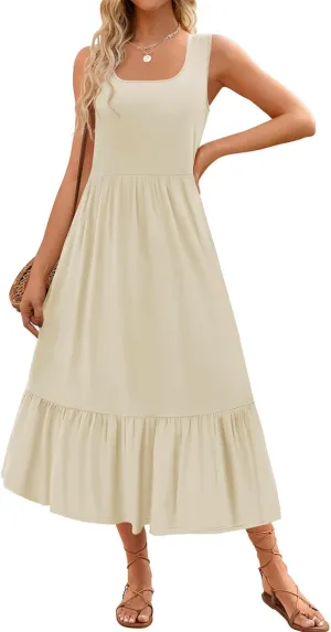 Womens Summer Sundress Crewneck Sleeveless Flowy Tiered Maxi Long Beach Dress Casual Vacation Outfits with Pockets