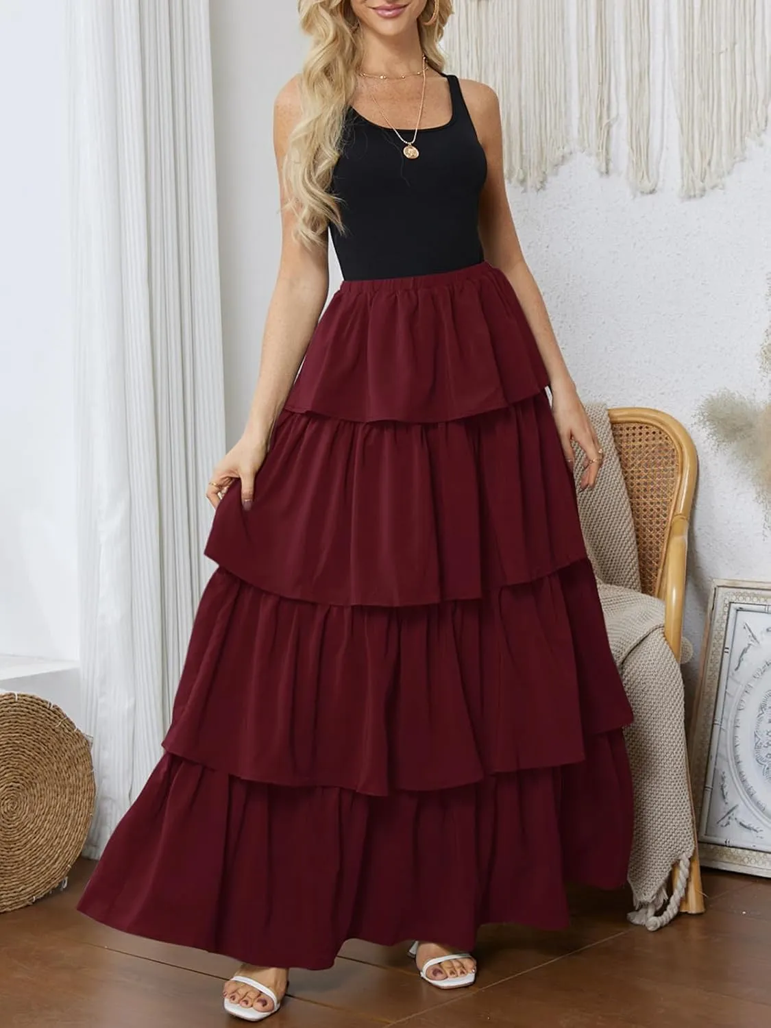 Womens Summer Tank Top Maxi Dress Smocked Ruffle Layered A Line Tiered Flowy Summer Casual Long Sundress
