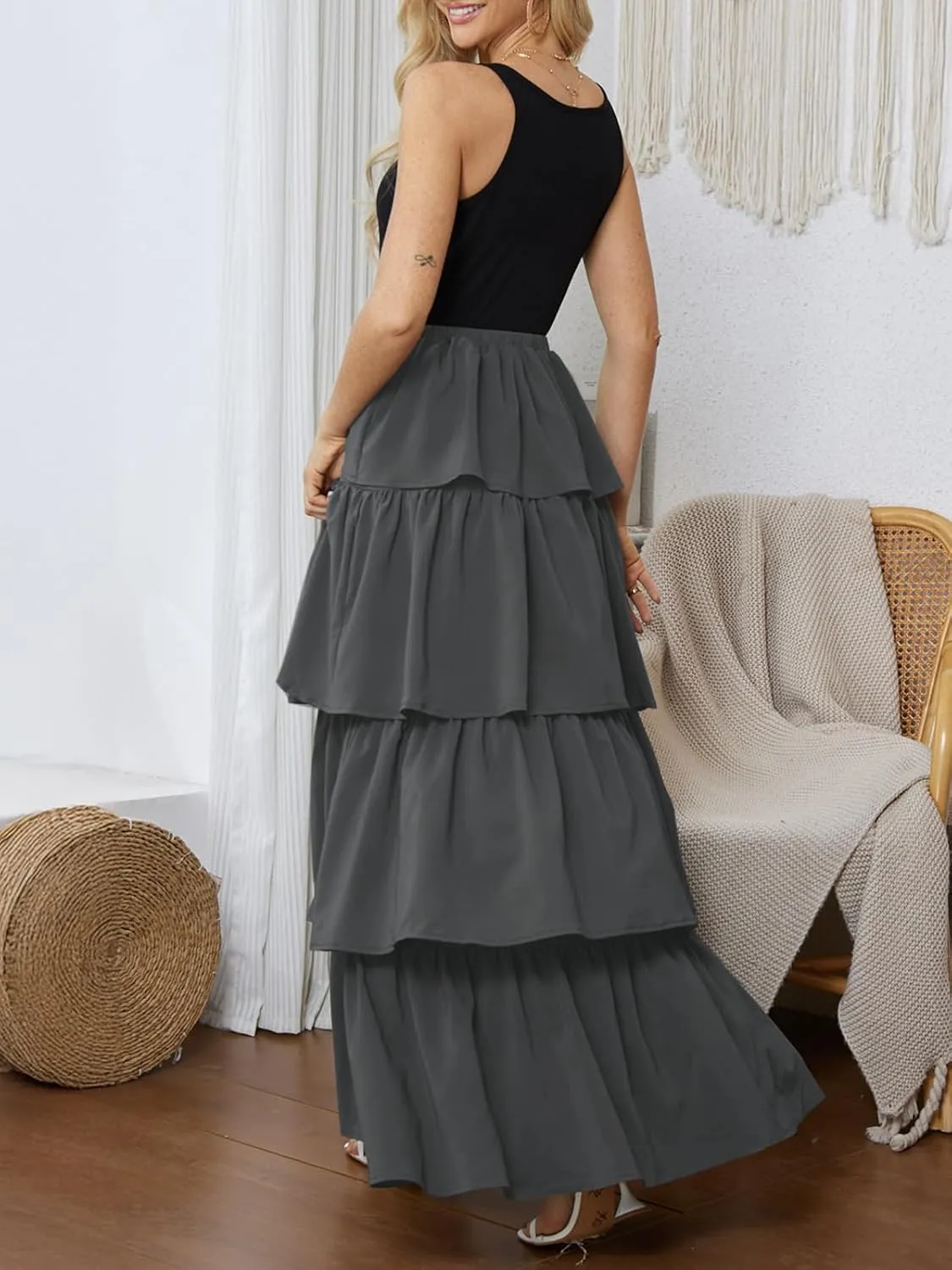 Womens Summer Tank Top Maxi Dress Smocked Ruffle Layered A Line Tiered Flowy Summer Casual Long Sundress