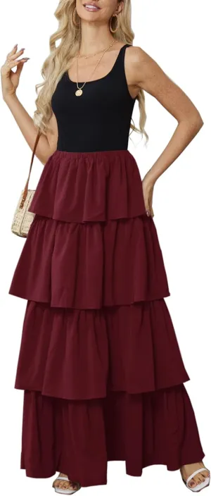 Womens Summer Tank Top Maxi Dress Smocked Ruffle Layered A Line Tiered Flowy Summer Casual Long Sundress