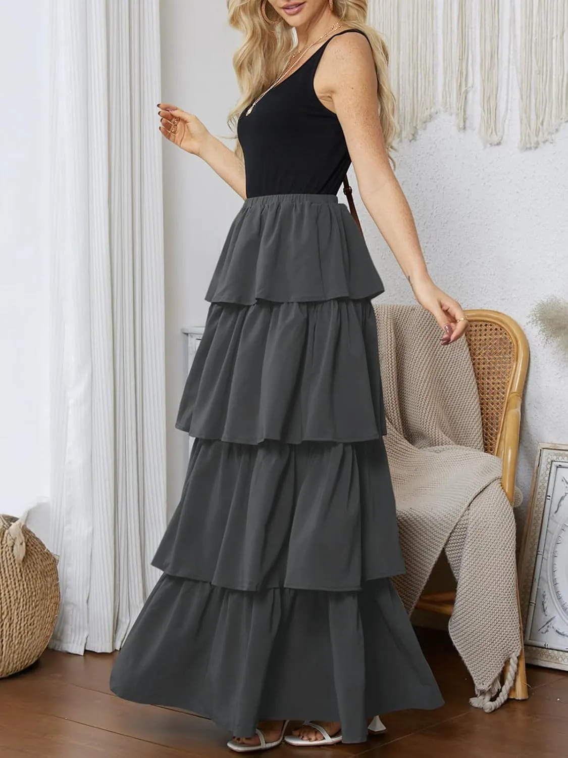 Womens Summer Tank Top Maxi Dress Smocked Ruffle Layered A Line Tiered Flowy Summer Casual Long Sundress