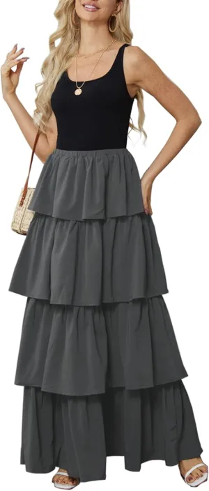 Womens Summer Tank Top Maxi Dress Smocked Ruffle Layered A Line Tiered Flowy Summer Casual Long Sundress